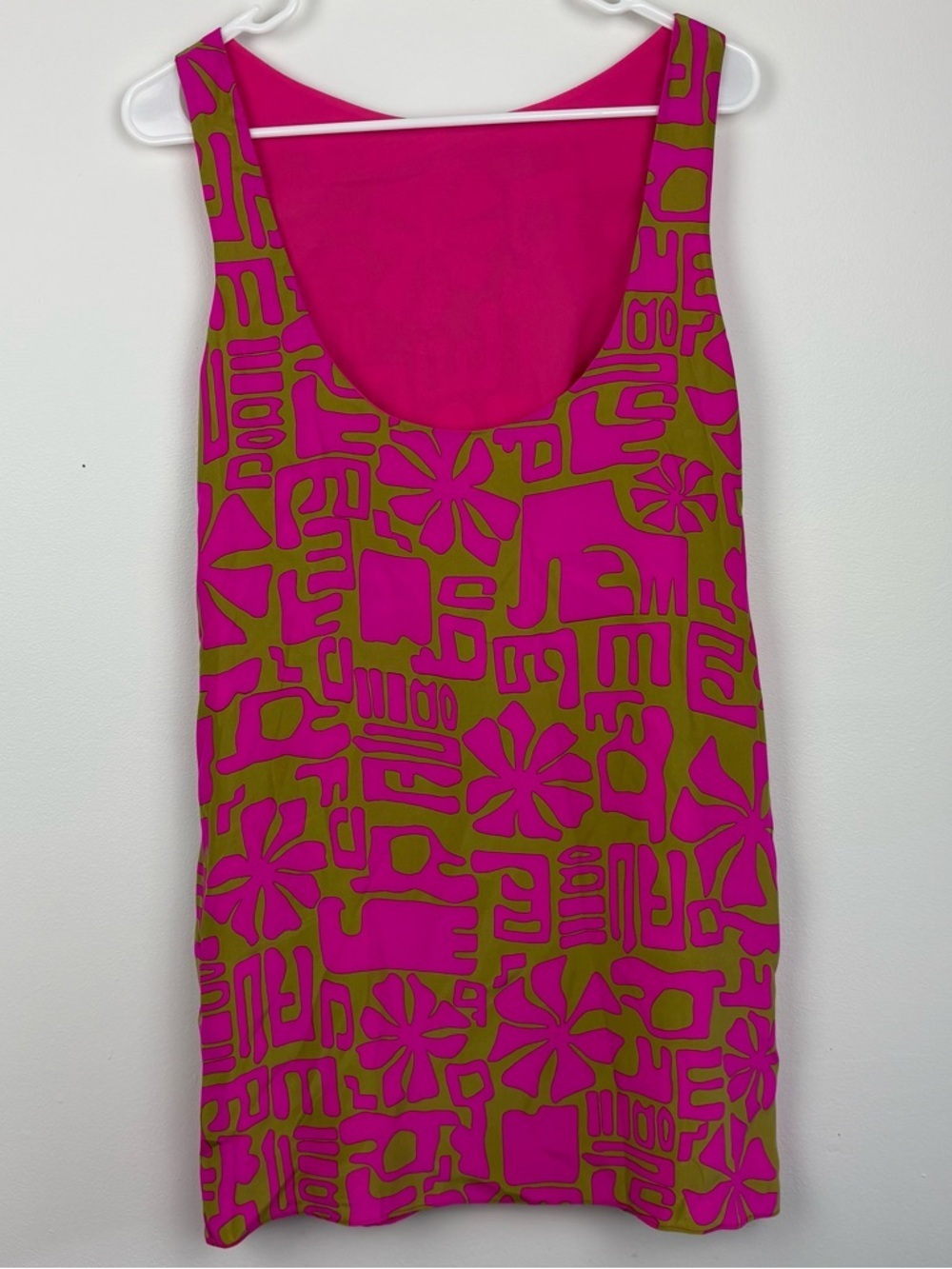 Alice & Trixie Pink & Olive Graphic Sleeveless Shift Dress 100% silk sz Med mod - Picture 7 of 9